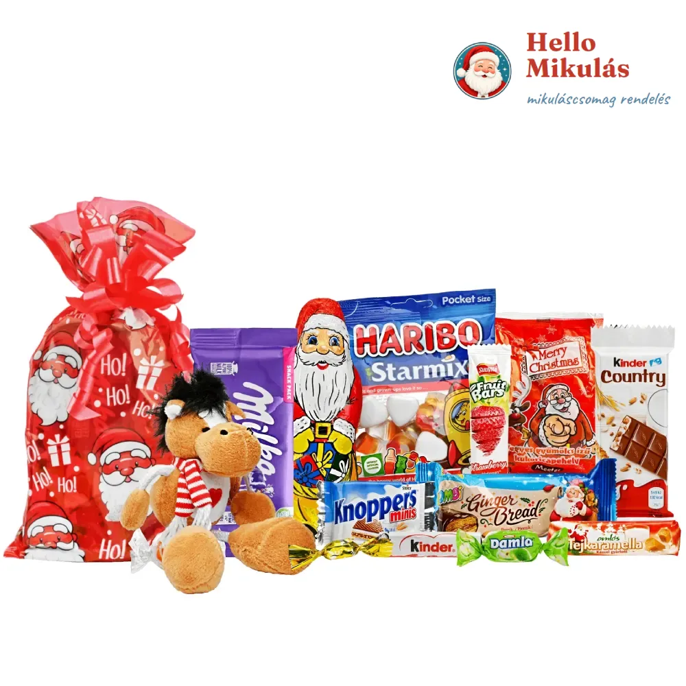 Játékos Mikulás csomag édességekkel és plüss játékkal