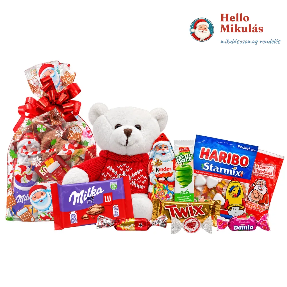 Játékos Mikulás csomag fehér plüss macival, Milka, Kinder, Haribo és Twix édességekkel