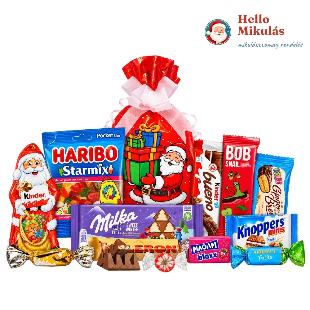 Mikulás Varázs 7. csomag Haribo, Milka, Kinder Bueno, Toblerone és válogatott édességekkel